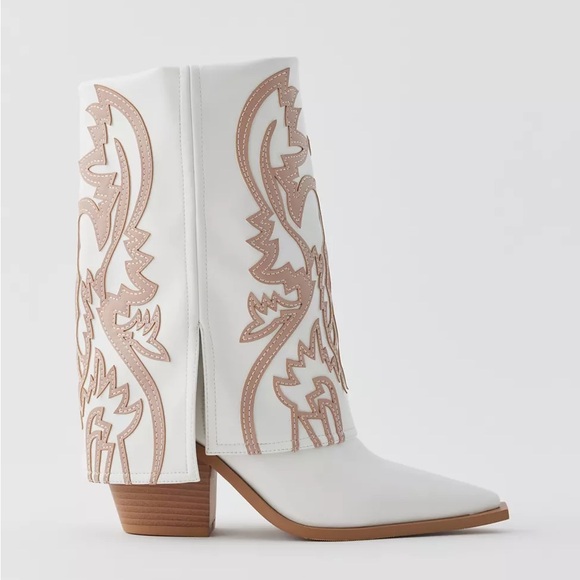 Azalea Wang Esperanza Cowboy Heeled Boot White Beige 6 Bohemian Country Concert - Picture 3 of 14
